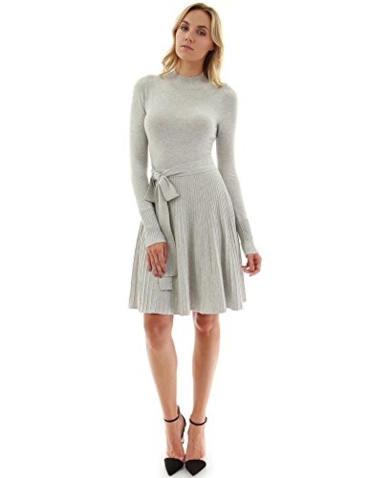 PattyBoutik Women Mock Neck Fit-and-Flare Knit Sweater Dress (Light Gray Large)