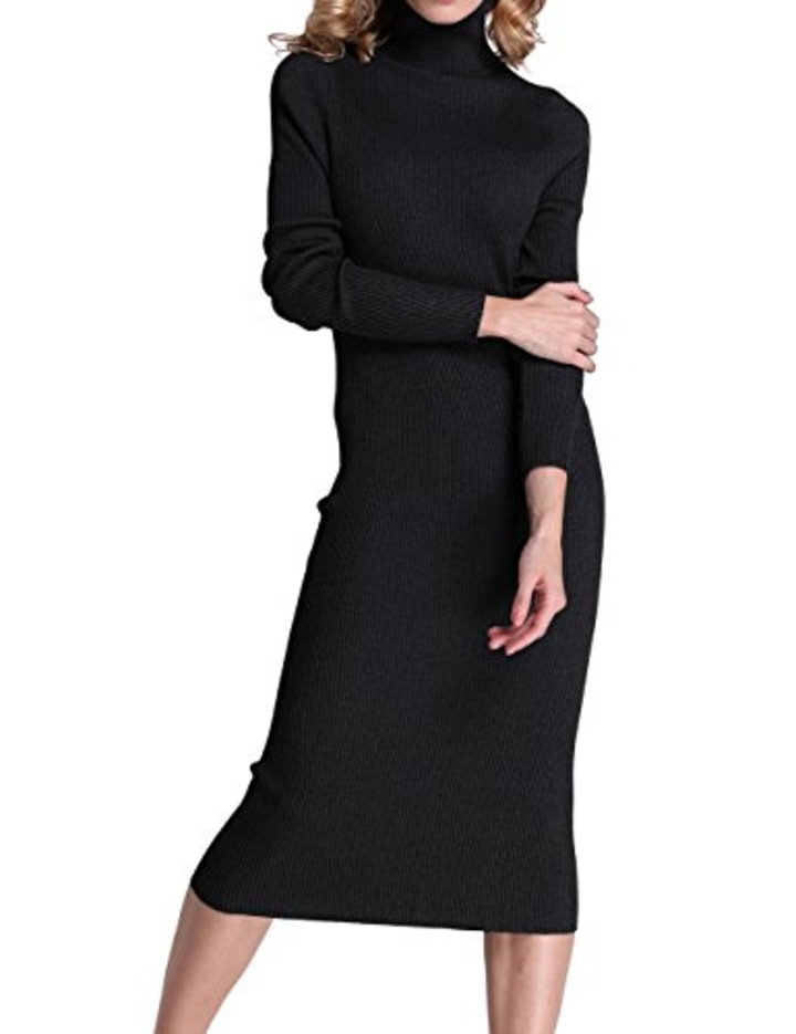 Rocorose Women&#039;s Turtleneck Ribbed Elbow Long Sleeve Knit Sweater Dress Black M