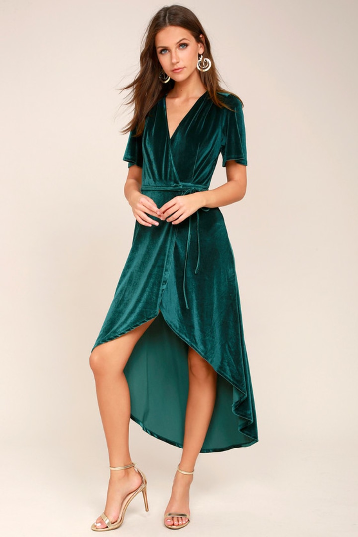 Amour Teal Green Velvet High-Low Wrap Dress