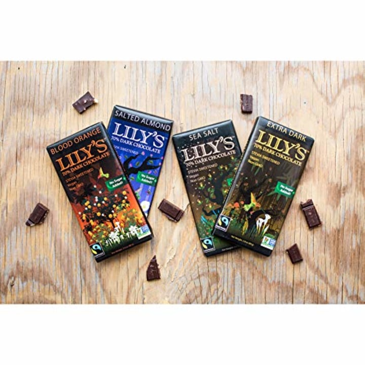 70% Dark Chocolate Bar Variety Sampler by Lily&#039;s Sweets | Stevia Sweetened, No Added Sugar, Low-Carb, Keto Friendly | 70% Cacao | Fair Trade, Gluten-Free &amp; Non-GMO | 3 ounce, 4-Pack