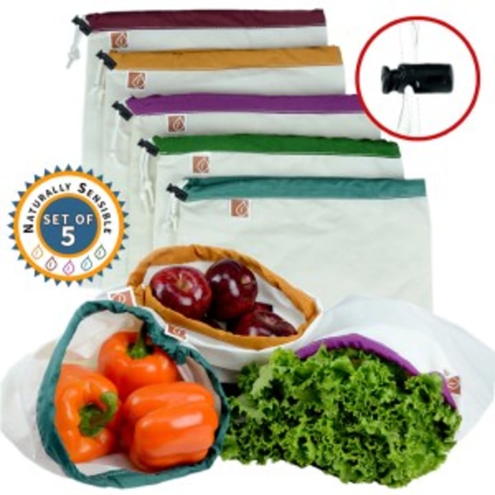 Reusable Produce Bags - Soft Cotton Muslin - Eco Friendly - Set of 5