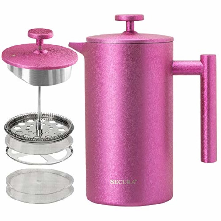 Secura French Press Coffee Maker, 304 Grade Stainless Steel Insulated Coffee Press with 2 Extra Screens, 34oz (1 Litre), Magenta