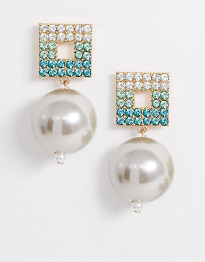 ASOS DESIGN earrings with green ombre crystal stud and pearl drop in green