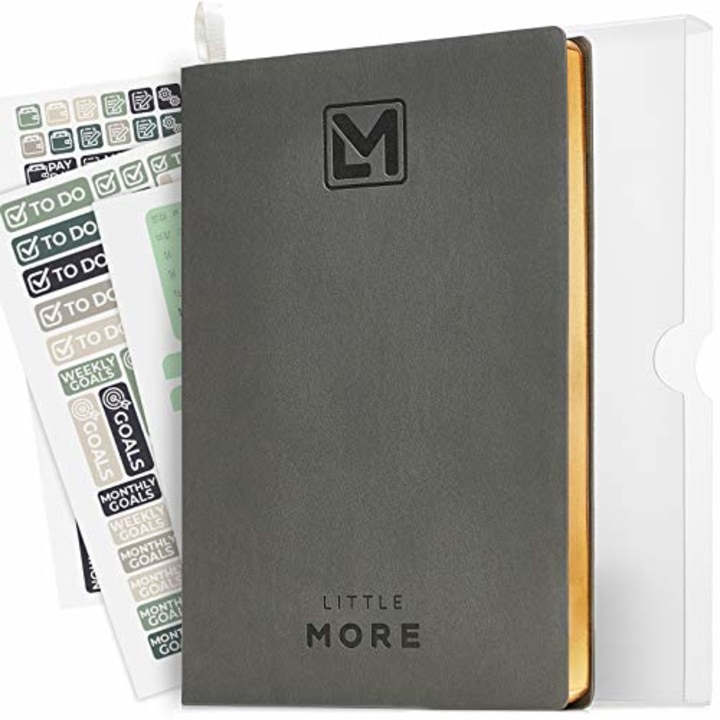 Little More Daily Organizer Planner in Protect Box - Undated Productivity Planner for Achieve Goals - A5 Vegan Leather 5.5"x8.5&quot; - Calendar Stickers 2020 (Gray Gold)