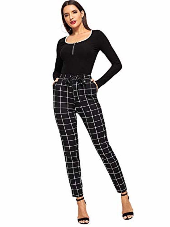 WDIRARA Women&#039;s Plaid Print Pants Self Tie Belt Soft Skinny Basic Leggings Black M