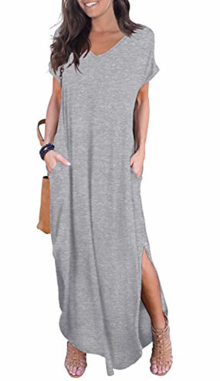 GRECERELLE Solid V-Neck Pocket Loose Maxi Dress Gray Small