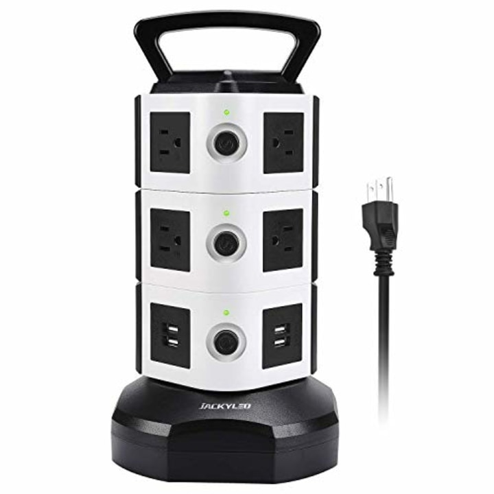 Power Strip Tower JACKYLED Surge Protector Electric Charging Station 3000W 13A 10 Outlets 4 USB Ports with 16AWG 6.5ft Heavy Duty Extension Cord for Home Office