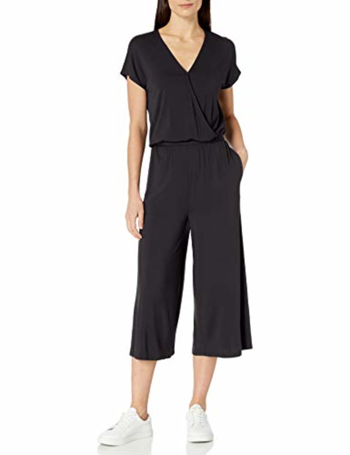 Amazon Essentials Women&#039;s Short-Sleeve Surplice Cropped Wide-Leg Jumpsuit, Black, Large