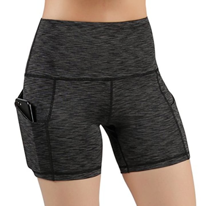 ODODOS High Waist Out Pocket Yoga Short Tummy Control Workout Running Athletic Non See-Through Yoga Shorts,SpaceDyeCharcoal,X-Small