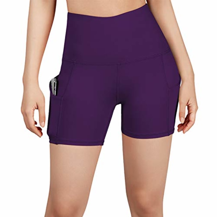 ODODOS High Waist Out Pocket Yoga Short Tummy Control Workout Running Athletic Non See-Through Yoga Shorts,DeepPurple,X-Small