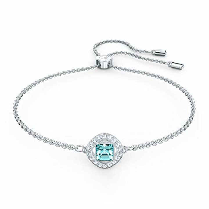 SWAROVSKI Women&#039;s Angelic Square Bracelet, Rhodium Plated, Aqua Blue Crystal