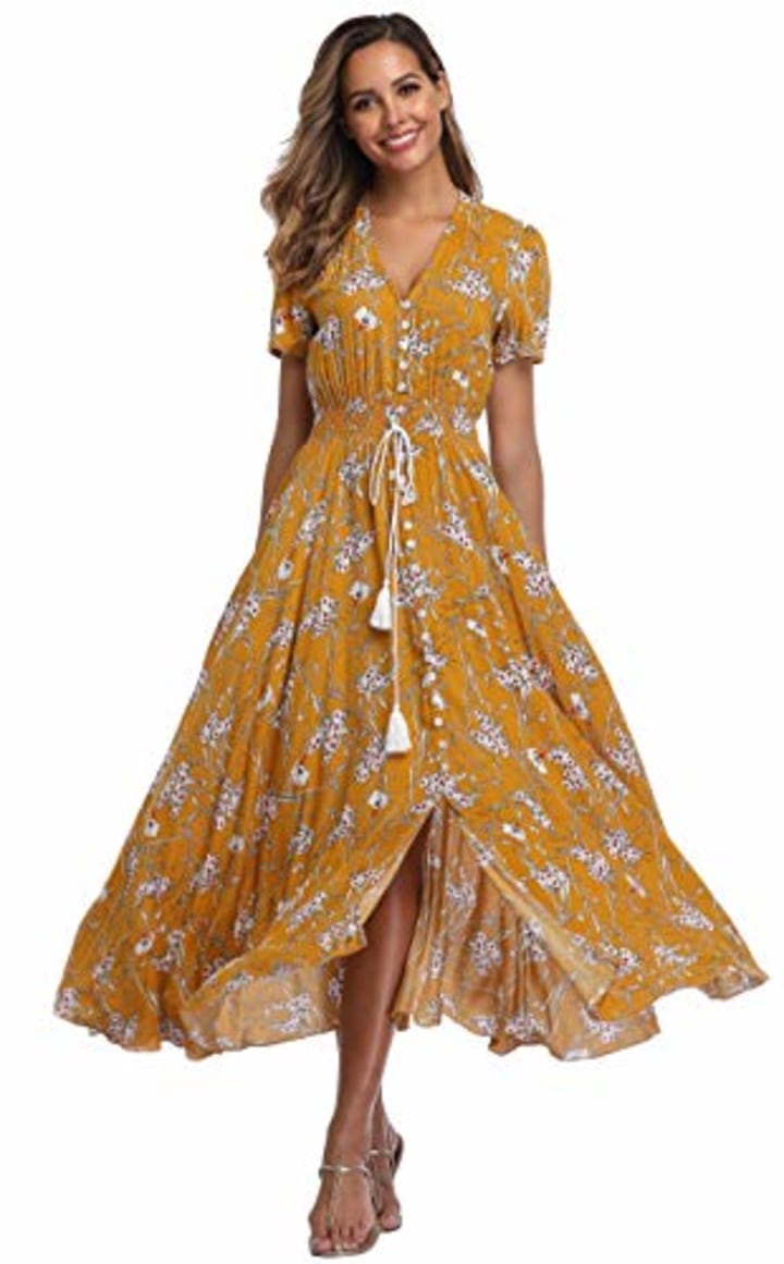 VintageClothing Women&#039;s Floral Print Maxi Dresses Boho Button Up Split Beach Party Dress, S