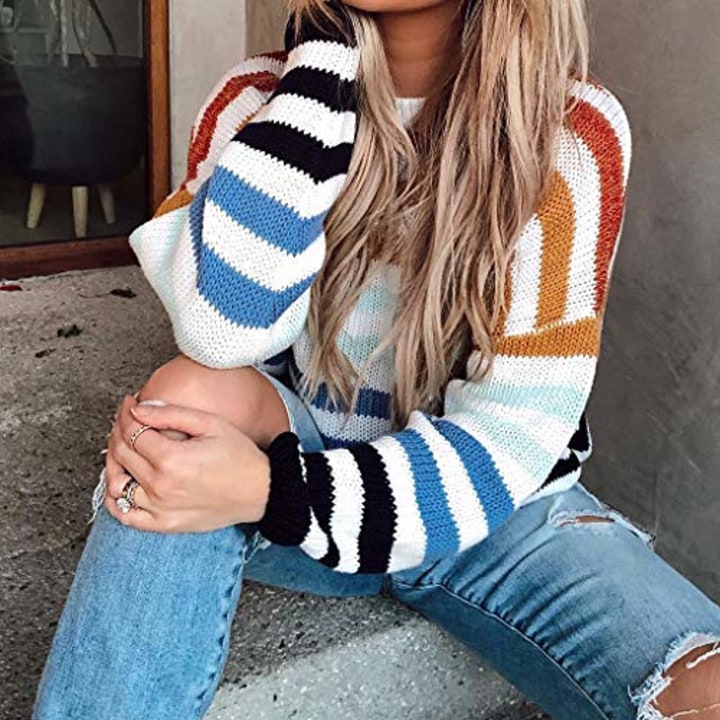 OURMOOD Women&#039;s Crew Neck Long Sleeve Knit Sweater Oversized Casual Color Block Striped Pullover Jumper Tops (Medium, Rainbow Striped-1)