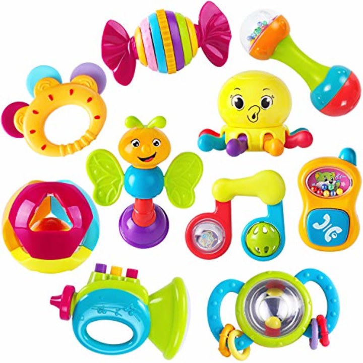 iPlay, iLearn 10pcs Baby Rattles Teether, Shaker, Grab and Spin Rattle, Musical Toy Set, Early Educational Toys for 3, 6, 9, 12 Month Baby Infant, Newborn