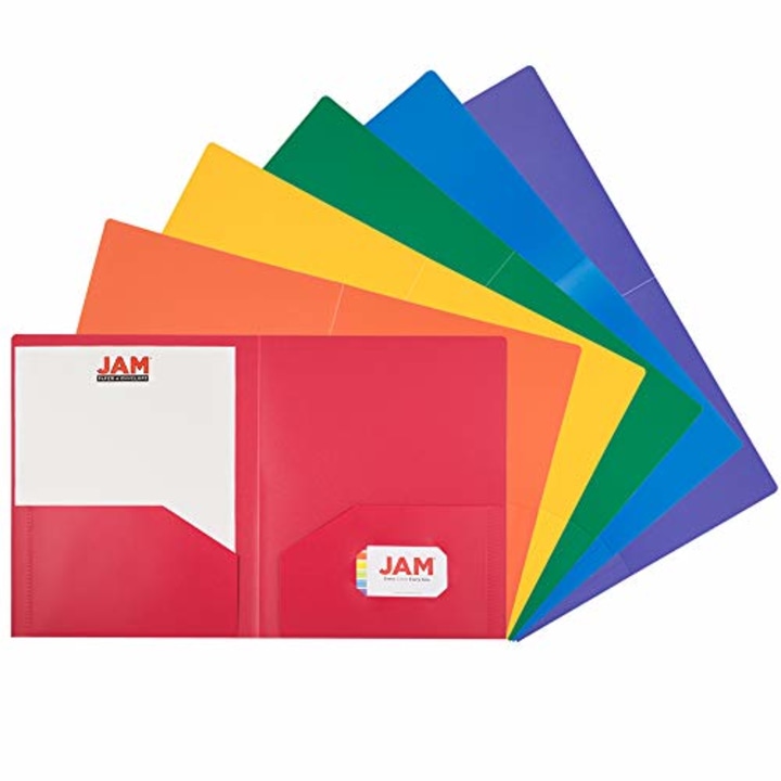 JAM PAPER Heavy Duty Plastic 2 Pocket School Folders - Assorted Primary Colors - 6/Pack