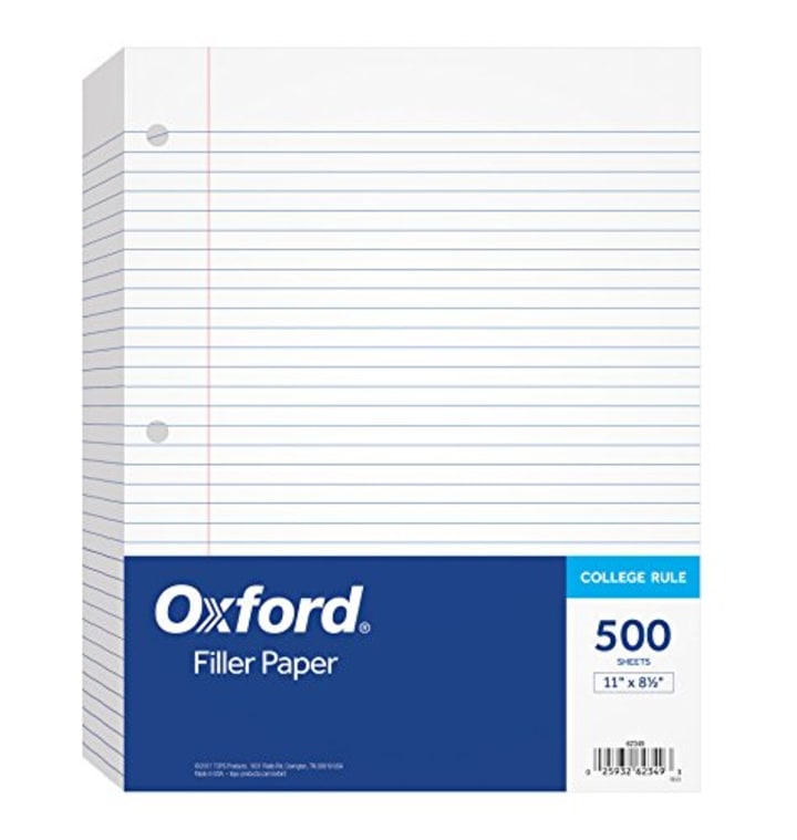 Oxford Filler Paper, 8-1/2&quot; x 11&quot;, College Rule, 3-Hole Punched, Loose-Leaf Paper for 3-Ring Binders, 500 Sheets Per Pack (62349),White