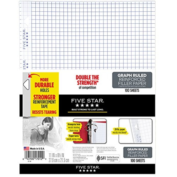 Five Star Loose Leaf Paper, 3 Hole Punched, Reinforced Filler Paper, Graph Ruled, 11 x 8-1/2 inches, 100 Sheets/Pack, 1 Pack (17012)