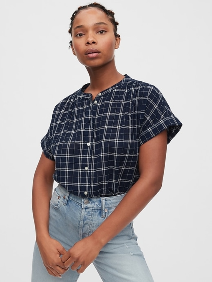 Shirred Button-Front Shirt