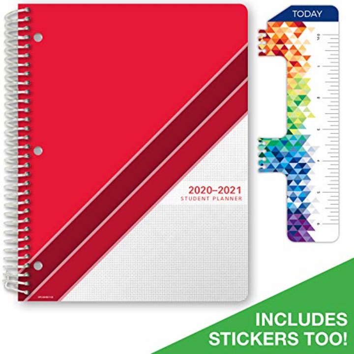 Dated Middle School or High School Student Planner for Academic Year 2020-2021 (Matrix Style - 8.5&quot;x11&quot; - Red Stripe Cover) - Bonus Ruler/Bookmark and Planning Stickers