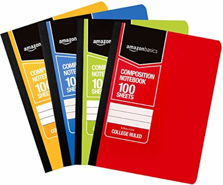 AmazonBasics College Ruled Composition Notebook, 100 Sheet, Assorted Solid Colors, 4-Pack
