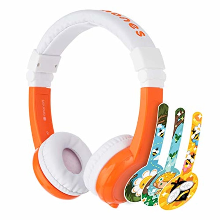 ONANOFF BuddyPhones Explore Foldable, Volume-Limiting Kids Foldable Headphones with Travel Bag, Built-in Audio Sharing Cable with Mic, Compatible with Fire, iPad, iPhone, and Android Devices, Orange