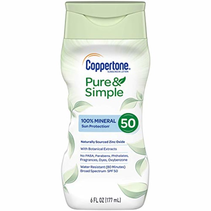 Coppertone Pure &amp; Simple SPF 50 Sunscreen Lotion, Water Resistant, Hypoallergenic, Dermatologically Tested, Plus 100% Natural Botanicals, Broad Spectrum UVA/UVB Protection,White, 6 Ounce