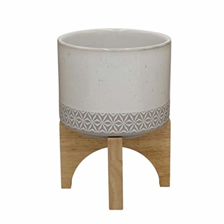 Rivet Mid-Century Stoneware Planter with Wood Stand