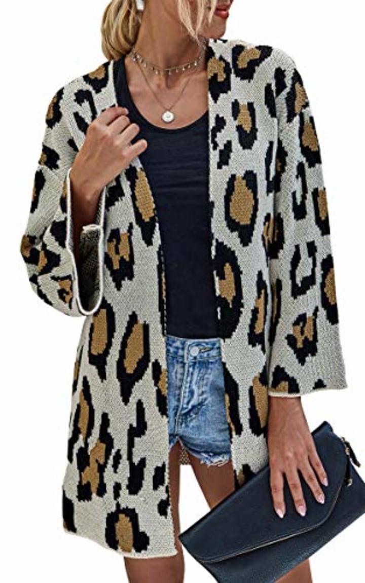 ECOWISH Womens Leopard Cardigan Long Sleeve Color Block Open Front Drape Oversized Knitted Sweater Cardigans 089 Beige Small