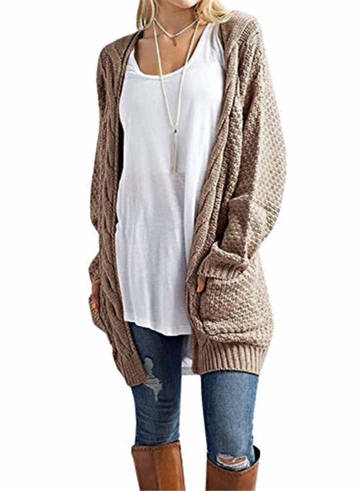 GRECERELLE Women&#039;s Loose Open Front Long Sleeve Solid Color Knit Cardigans Sweater Blouses with Packets Khaki-Small