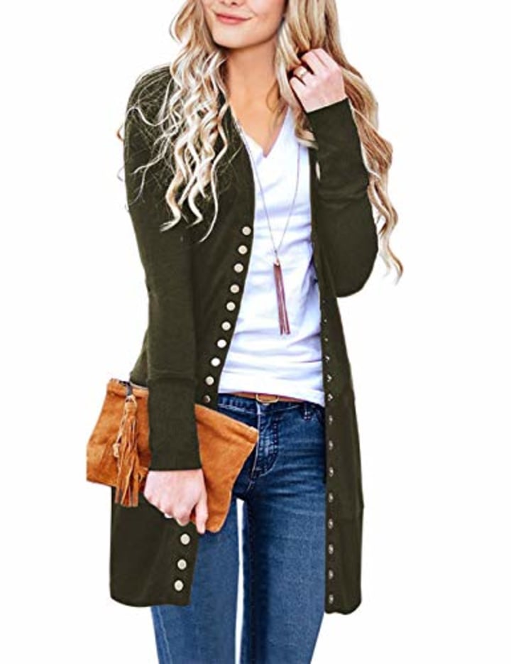 MEROKEETY Women&#039;s Long Sleeve Snap Button Down Solid Color Knit Ribbed Neckline Cardigans Army Green