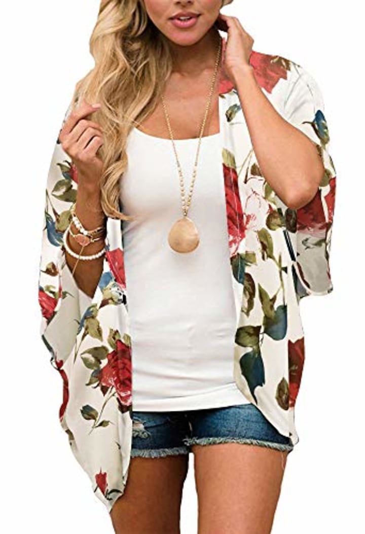 Kimono Cardigans for Women Floral Print 3/4 Sleeve Loose Cover Up Casual Blouse Tops (Beige,S)