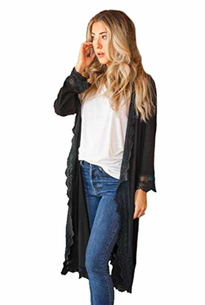Tickled Teal Women&#039;s 3/4 Sleeve Lace Trim Casual Wrap Cardigan Coverup Outerwear Sweater (Black, Small)