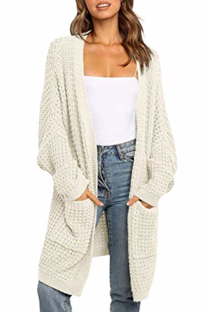 CNFIO Women Cardigans Sweater Open Front Loose Outwear Long Sleeve Cable Chunky Knit Cardigan with Pockets 