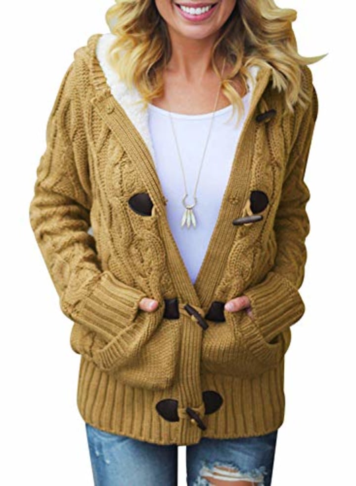 Sidefeel Women Button Up Cardigan Hooded Sweater Coat Outwear with Pockets Small Dark Yellow
