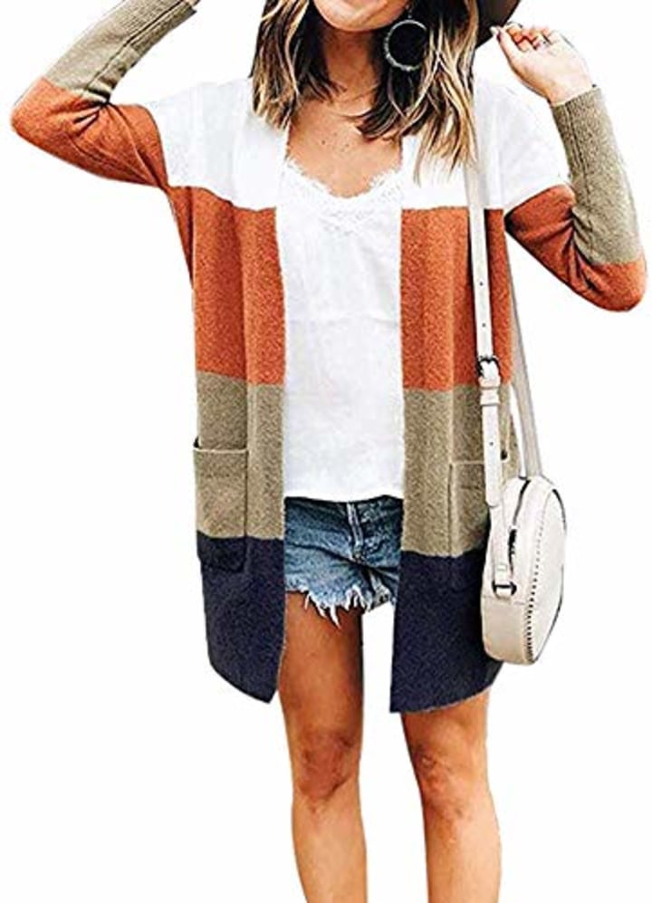 ANBI Womens Long Sleeve Loose Striped Cardigan Color Block Knit Open Front Sweater Coat, A-fourcolor, Small