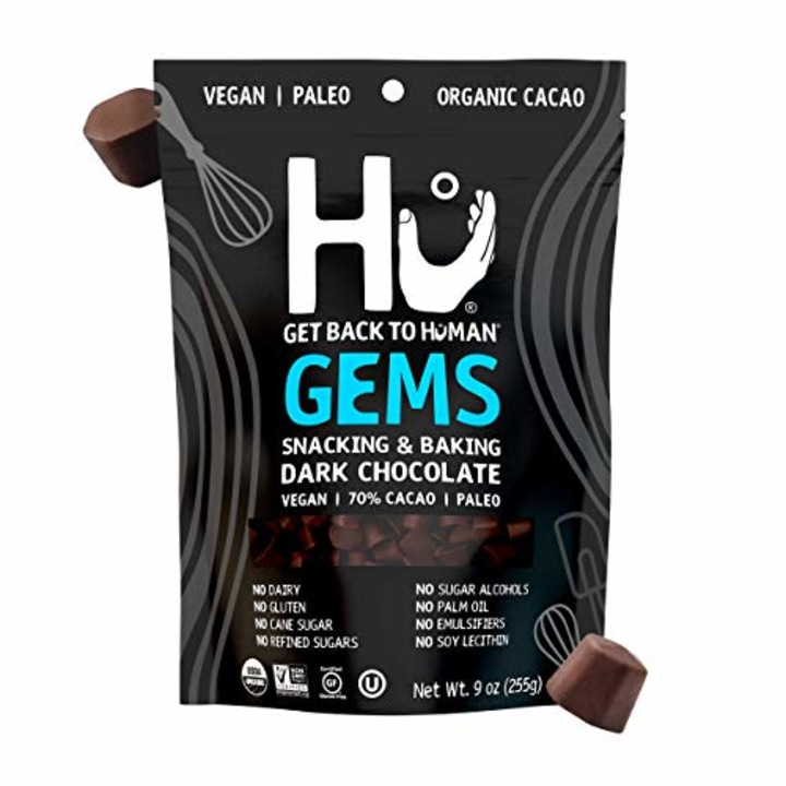 Hu Gems Chocolate Vegan Snacks | Organic, Paleo, Gluten Free Dark Chocolate Chips | Baking and Snacking Chips | Plant Based, Non GMO, Kosher | 9oz