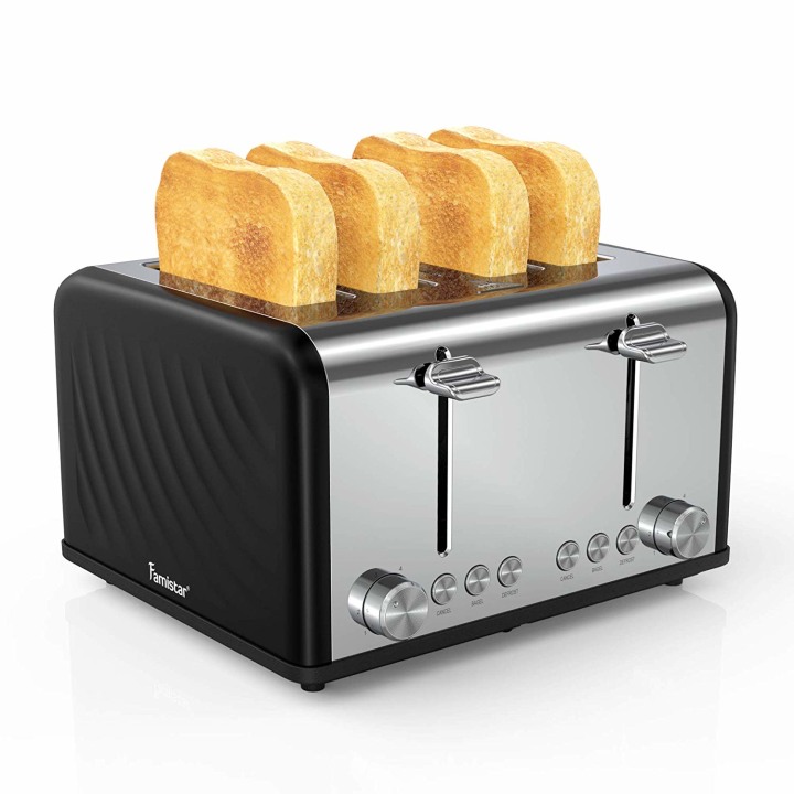 4 Slice Toaster, Stainless Steel Toaster with Defrost/Reheat/Cancel Function, Removable Crumb Tray, Extra Wide Slots, 6 Bread Shade Settings, 1650W, Black