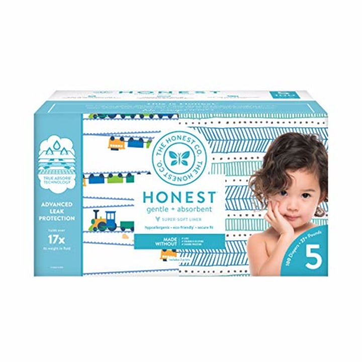 The Honest Company Super Club Box Diapers with TrueAbsorb Technology, Trains &amp; Teal Tribal, Size 5, 100 Count