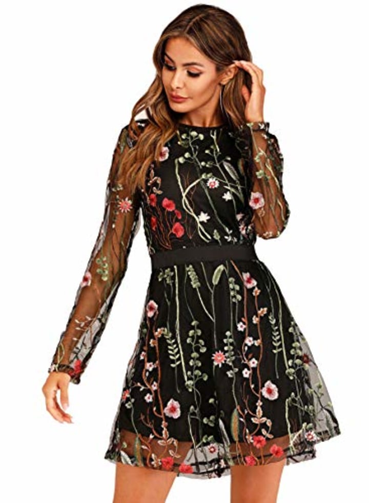 Milumia Women&#039;s Floral Embroidery Mesh Round Neck Tunic Party Dress