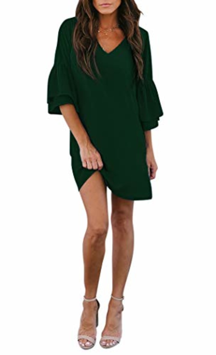 BELONGSCI Women&#039;s Dress Sweet &amp; Cute V-Neck Bell Sleeve Shift Dress Mini Dress