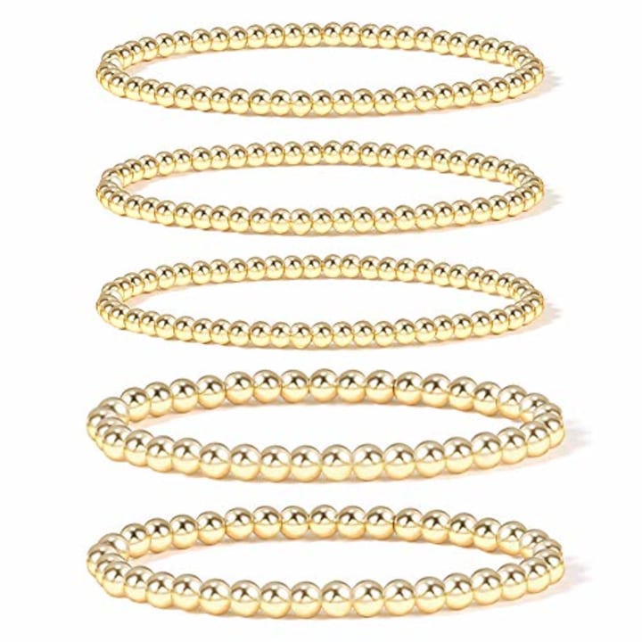 Gold Beaded Bracalets for Women,14K Gold Plated Bead Ball Bracelet Stretchable Elastic Bracelet(5 pcs Set Solid Bead Bracelet - Gold)
