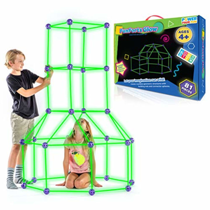 Fun Forts Glow Kids Tent for Kids - 81 Pack STEM Toys Glow in The Dark Fort Building Kit, Building Toys Play Tent Indoor and Outdoor Playhouse for Kids Construction Toys with 52 Rods and 28 Spheres