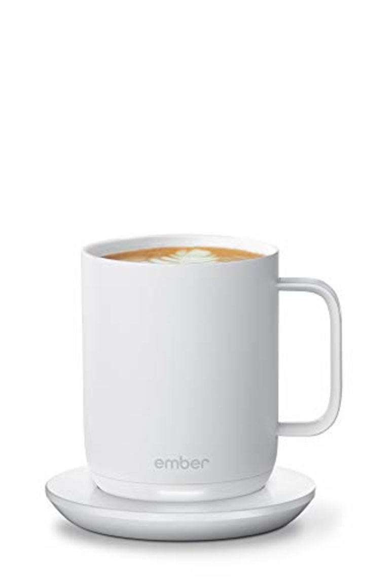 NEW Ember Temperature Control Smart Mug 2, 10 oz, White, 1.5-hr Battery Life - App Controlled Heated Coffee Mug - Improved Design