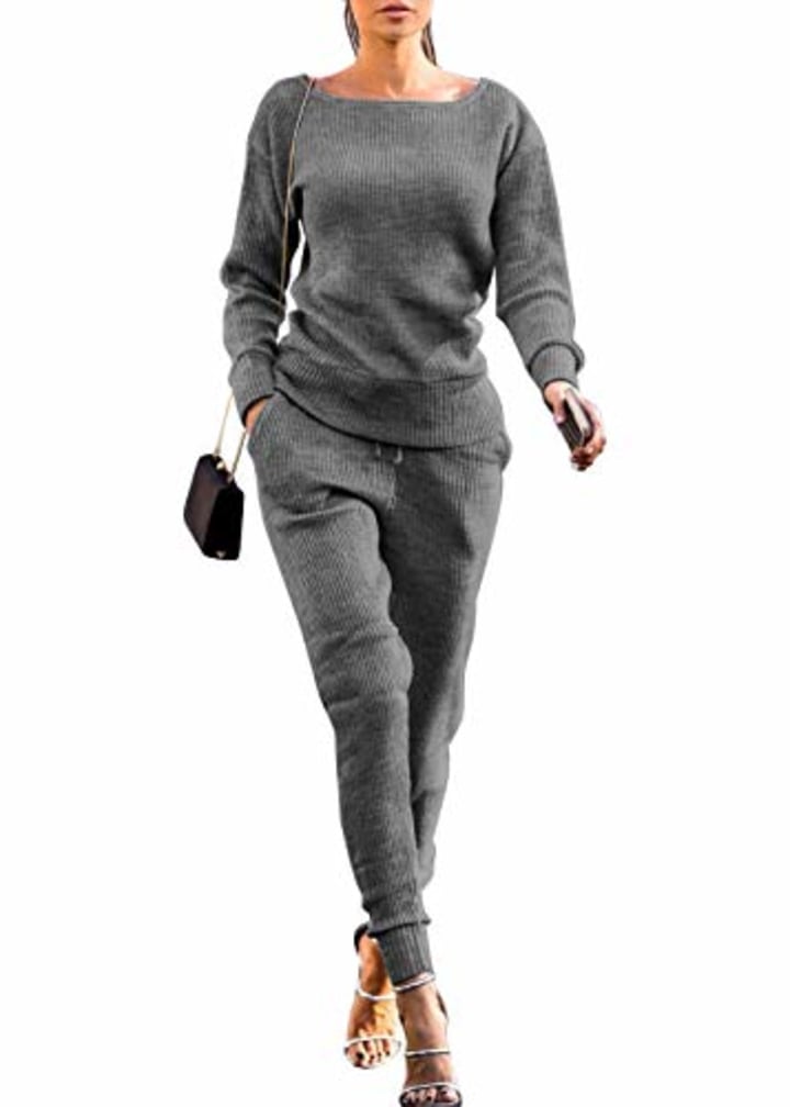 VNVNE Womens Fall Rib-Knit Pullover Sweater Top &amp; Long Pants Set 2 Piece Outfits Tracksuit (Grey, S)