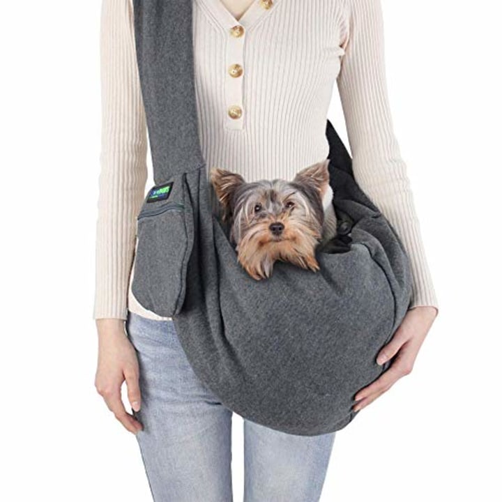 JESPET Comfy Pet Sling for Small Dog Cat, Hand Free Sling Bag Breathable Soft Knit with Front Pocket, Travel Puppy Carrying Bag, Pet Pouch. Machine Washable (Grey)