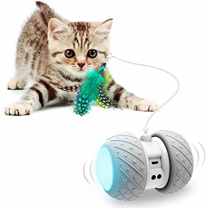 Interactive Robotic Cat Toys,Automatic Irregular USB Charging 360 Degree Self Rotating Ball,Automatic Feathers/Birds/Mouse Toys for Cats/Kitten,Build-in Spinning Led Light,Large Capacity Battery