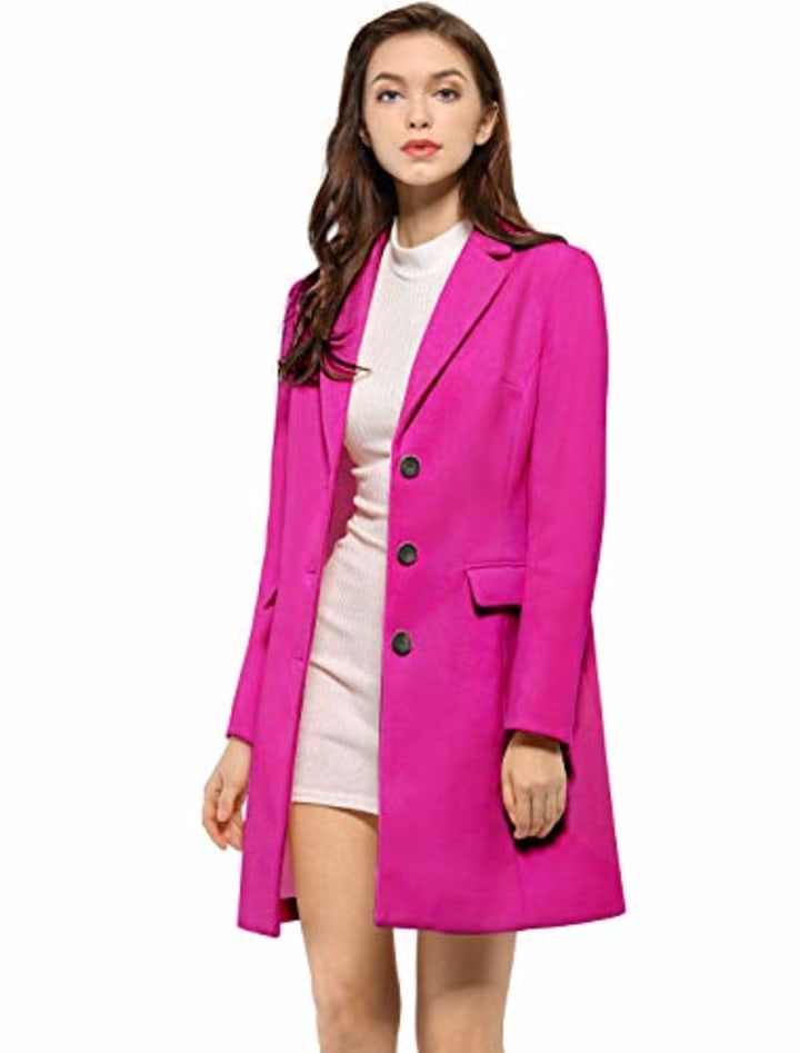 Allegra K Women&#039;s Notched Lapel Single Breasted Outwear Winter Coat XL Hot Pink