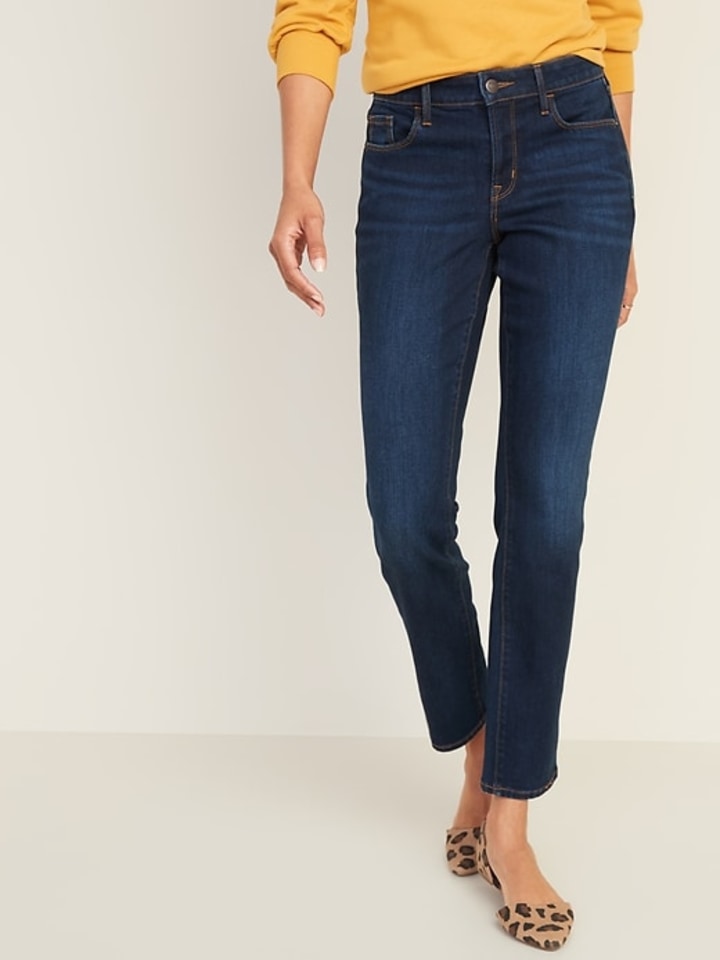 Mid-Rise Dark-Wash Power Slim Straight Jeans for Women
