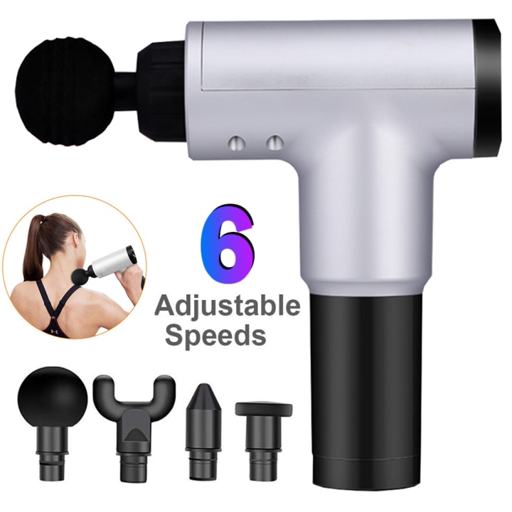 URHOMEPRO Massage Gun Deep Tissue Percussion Muscle Massager for Pain Relief, Handheld Electric Body Massager with 6 Speed, 4 Head, Comfortable Muscle Soreness Relieves Massager Gun, Silver, Q8483