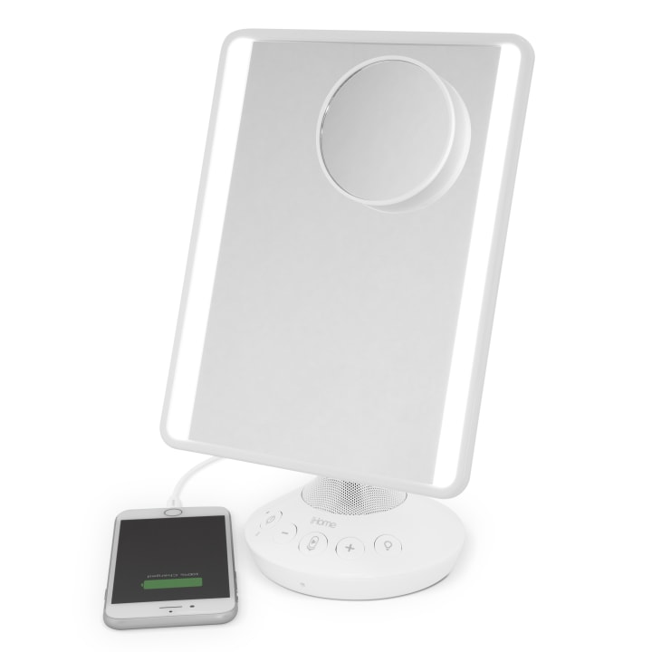 ($80 Value) iHome Mirror with Bluetooth Audio, LED Lighting, Bonus 10x Magnification, Siri &amp; Google Support USB Charging 7&quot; x 9&quot;